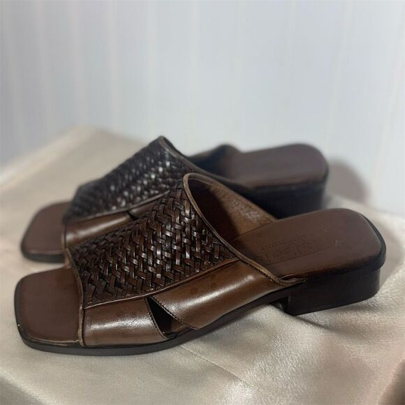Talbots Made in Italy Brown Woven Leather Slides Heeled Sandals 7M Square Toe - Picture 1 of 9